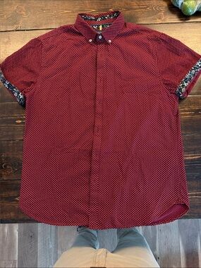 Denim & Flower Burgundy Short Sleeve Button-Down with Micro Dot Detail